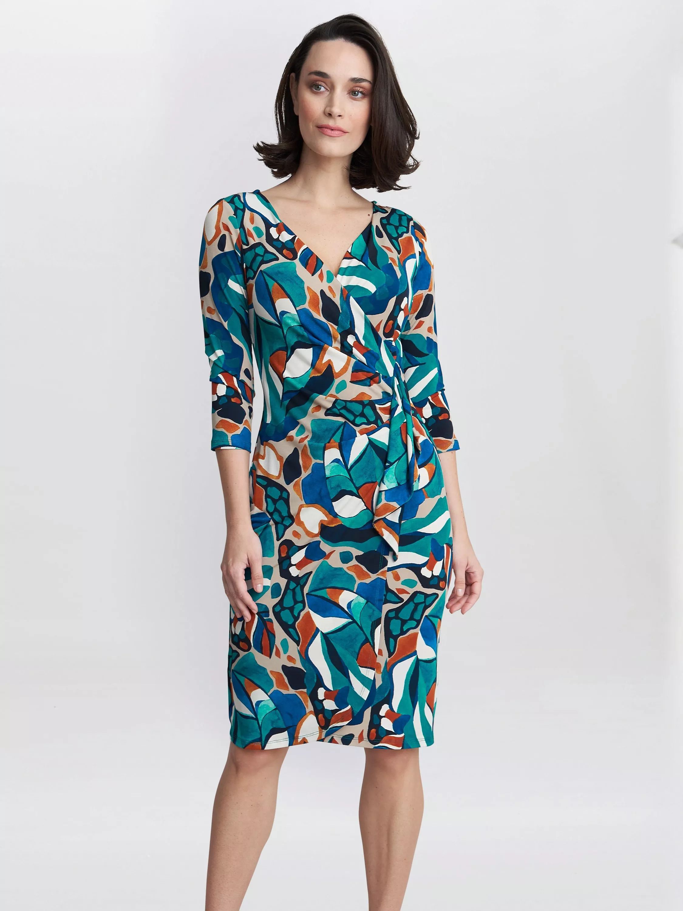 프린팅 저지 드레스 Beatrix Printed Jersey Ruffle Dress, Turquoise/Beige 111239786