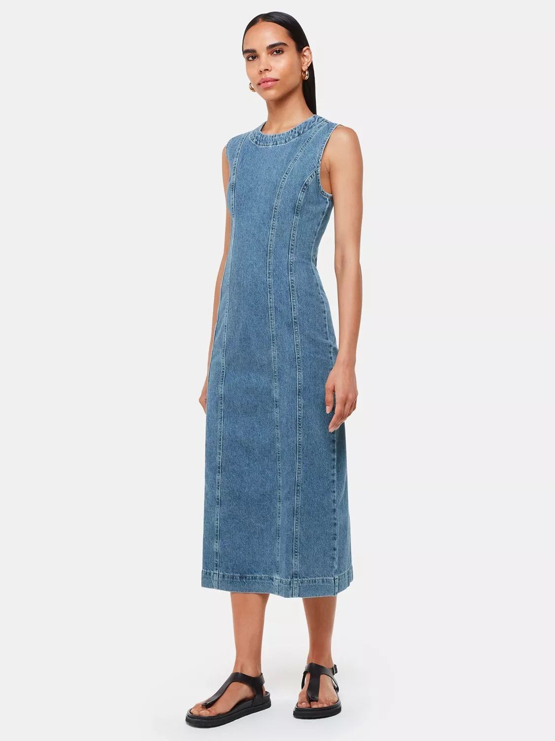민소매 데님 미디 드레스 블루 Sleeveless Denim Midi Dress, Blue 112071971
