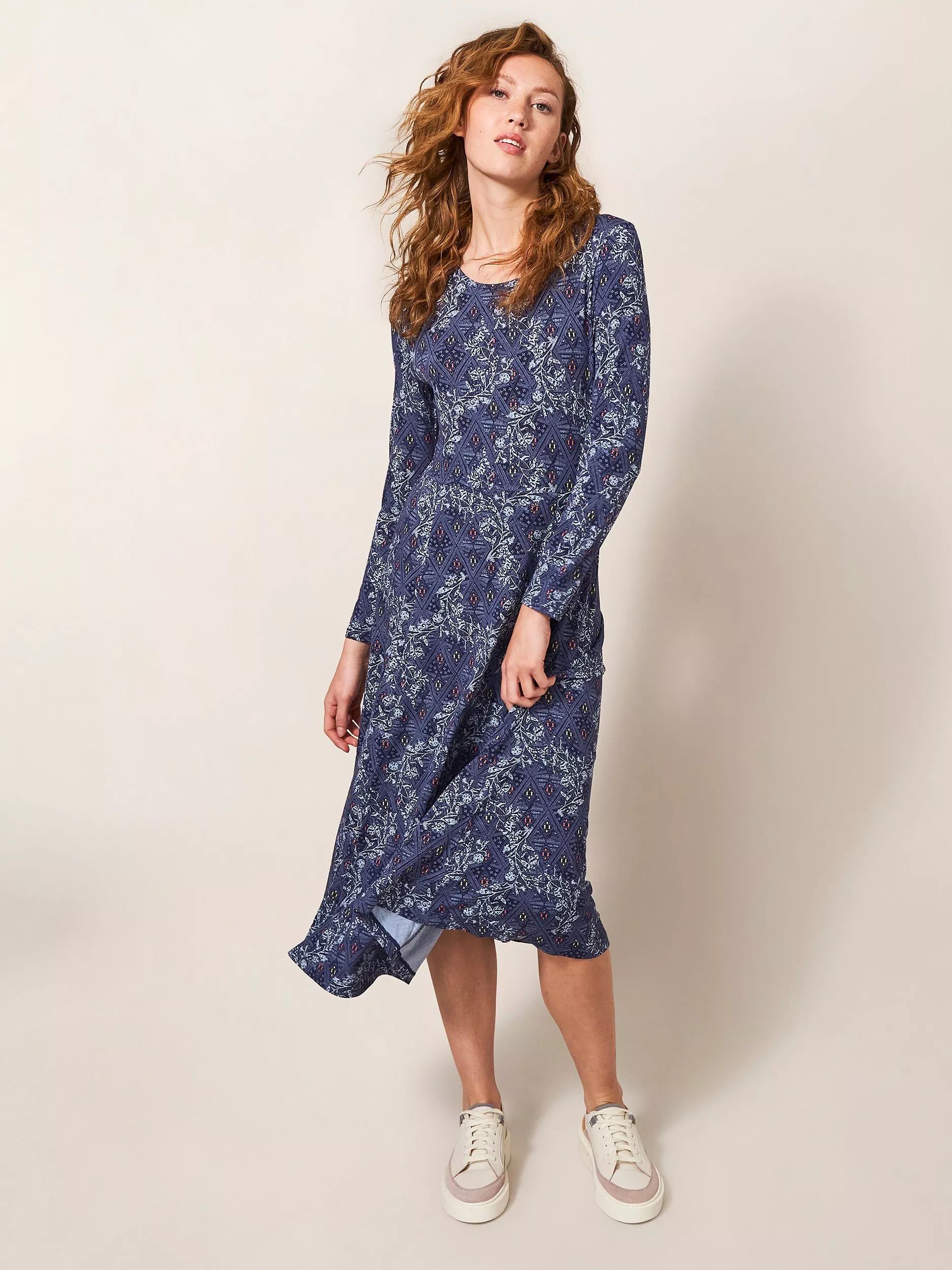 지오메트릭 프린트 미디 드레스 Madeline Geometric and Leaf Print Midi Dress, Blue/Multi 110587111