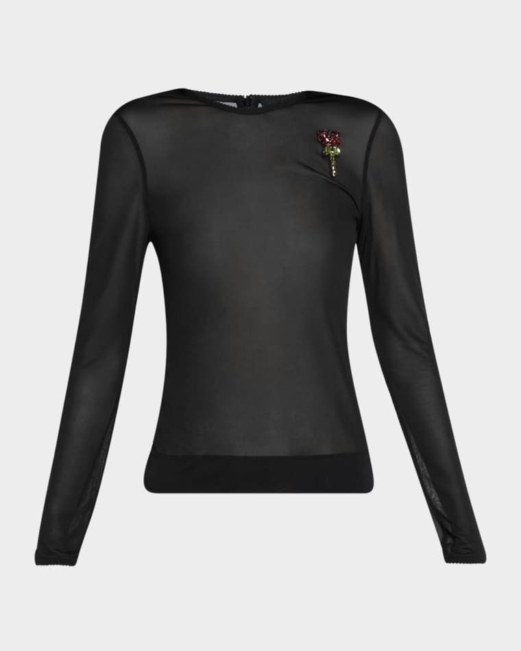 핏 발레 메쉬 크리스탈 로즈 탑 Sheer Fitted Ballet Mesh Crystal Rose Top prod278830250BLACK BLACK RED MULTI