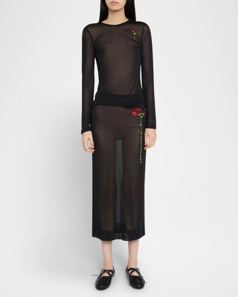핏 발레 메쉬 크리스탈 로즈 탑 Sheer Fitted Ballet Mesh Crystal Rose Top prod278830250BLACK BLACK RED MULTI