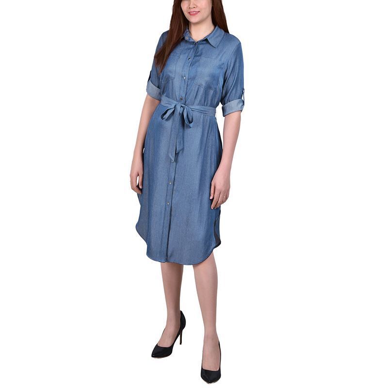 쁘띠 슬리브 데님 드레스 Petite 3/4 Roll Tab Sleeve Denim Dress 12663048 Medium Denim