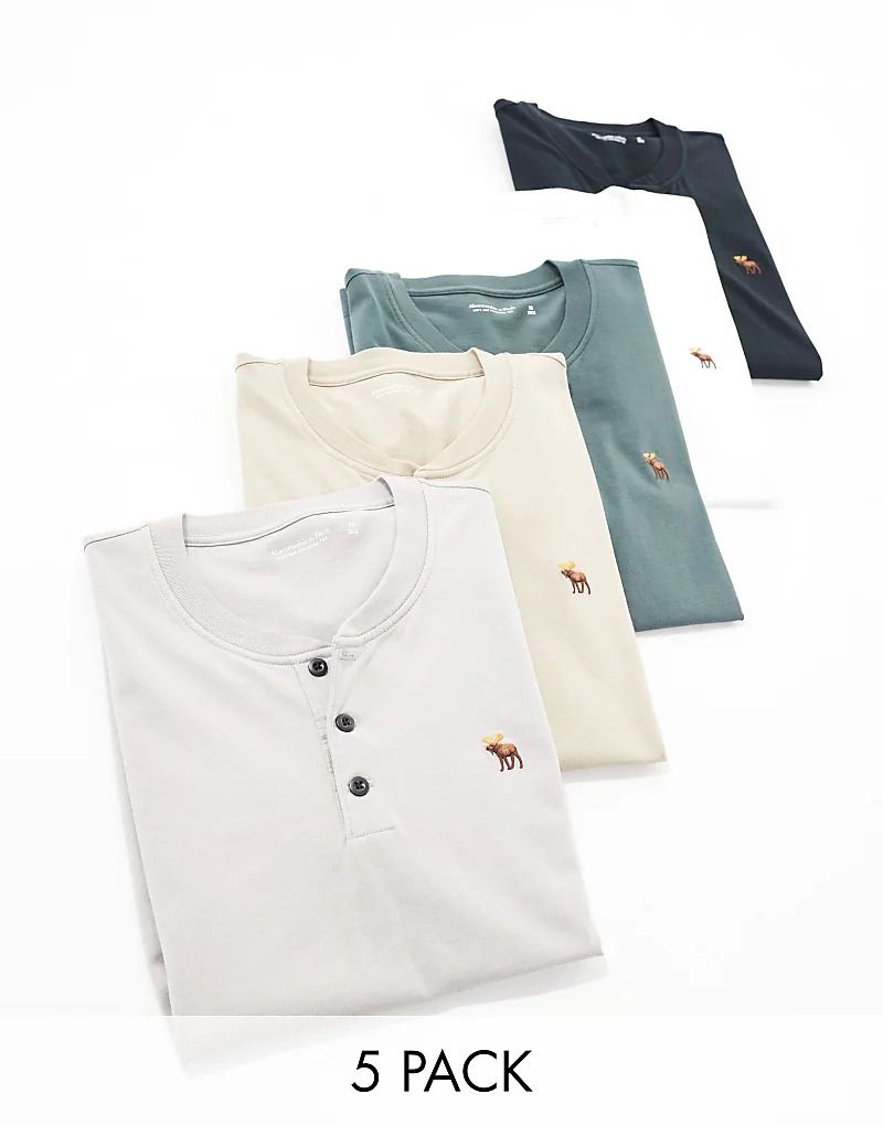 & 5er-Pack T-Shirts in Schwarz/Grau/Taupe/Weiß mit Henley-Kragen und Markenlogo 207327490BUNT