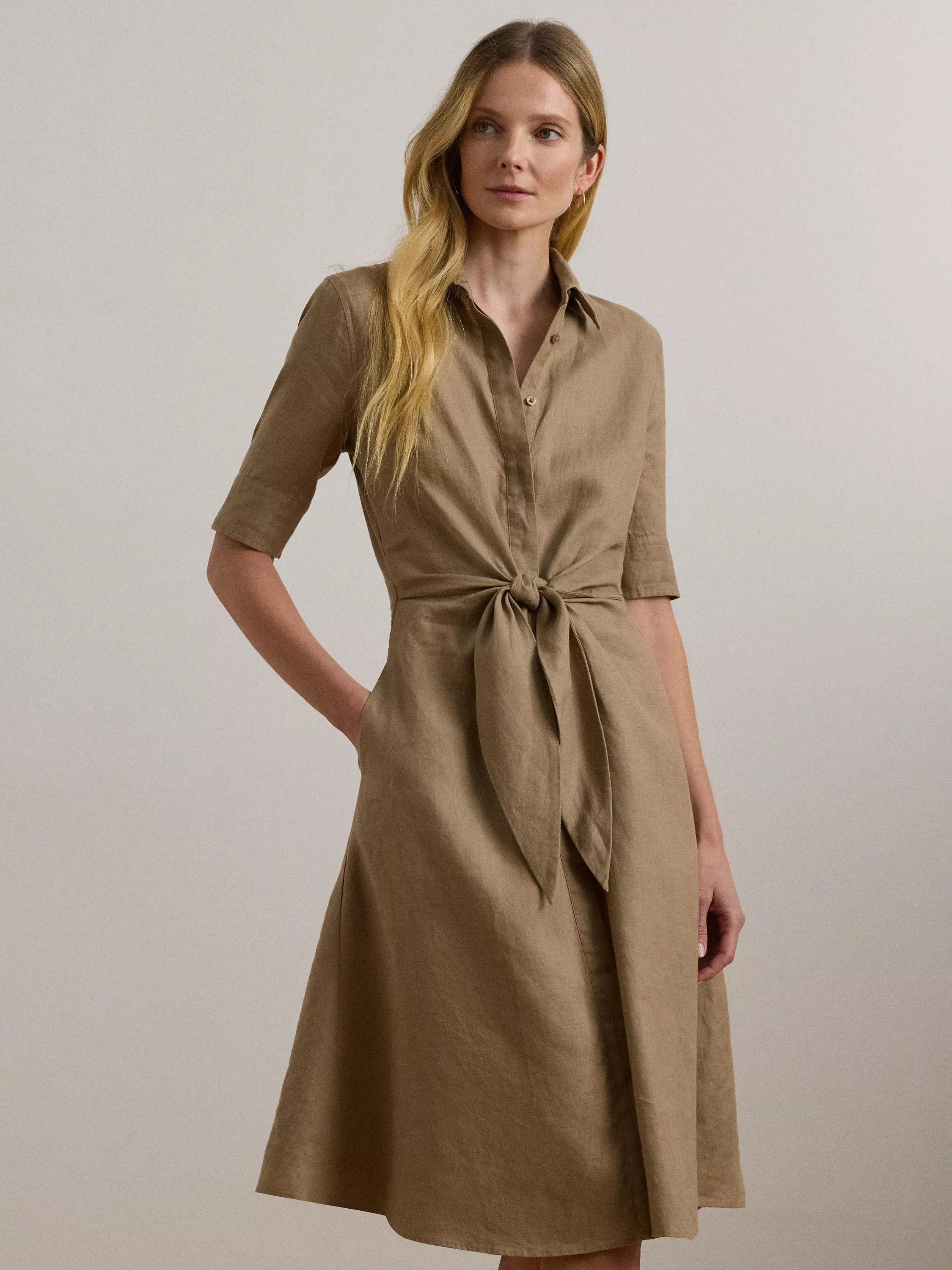 로렌 타이 린넨 미디 셔츠 드레스 Lauren  Wakana Tie Waist Linen Midi Shirt Dress 112811551 Madison Tan