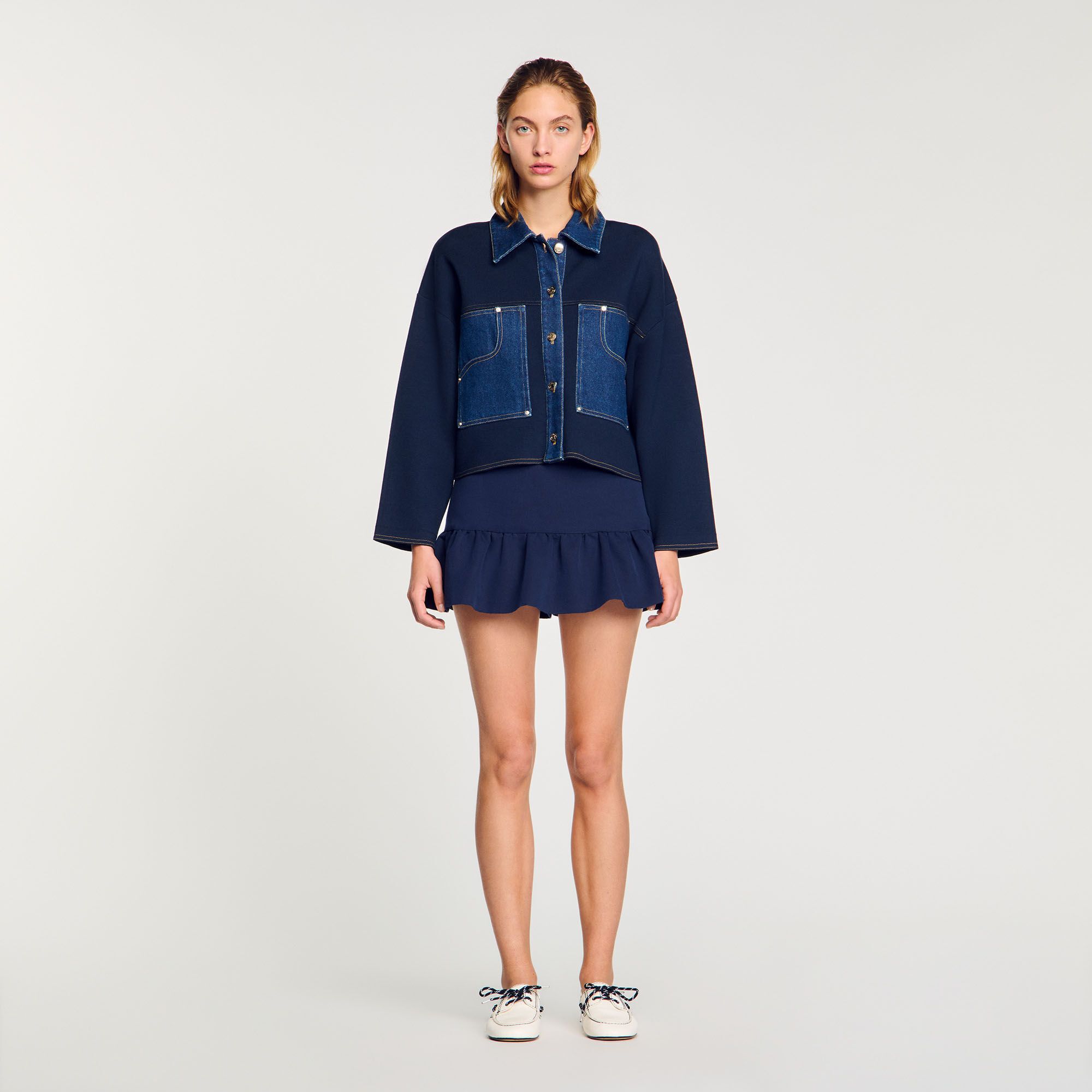 데님 디테일 가디건 Denim detail cardigan SFPCA0115344