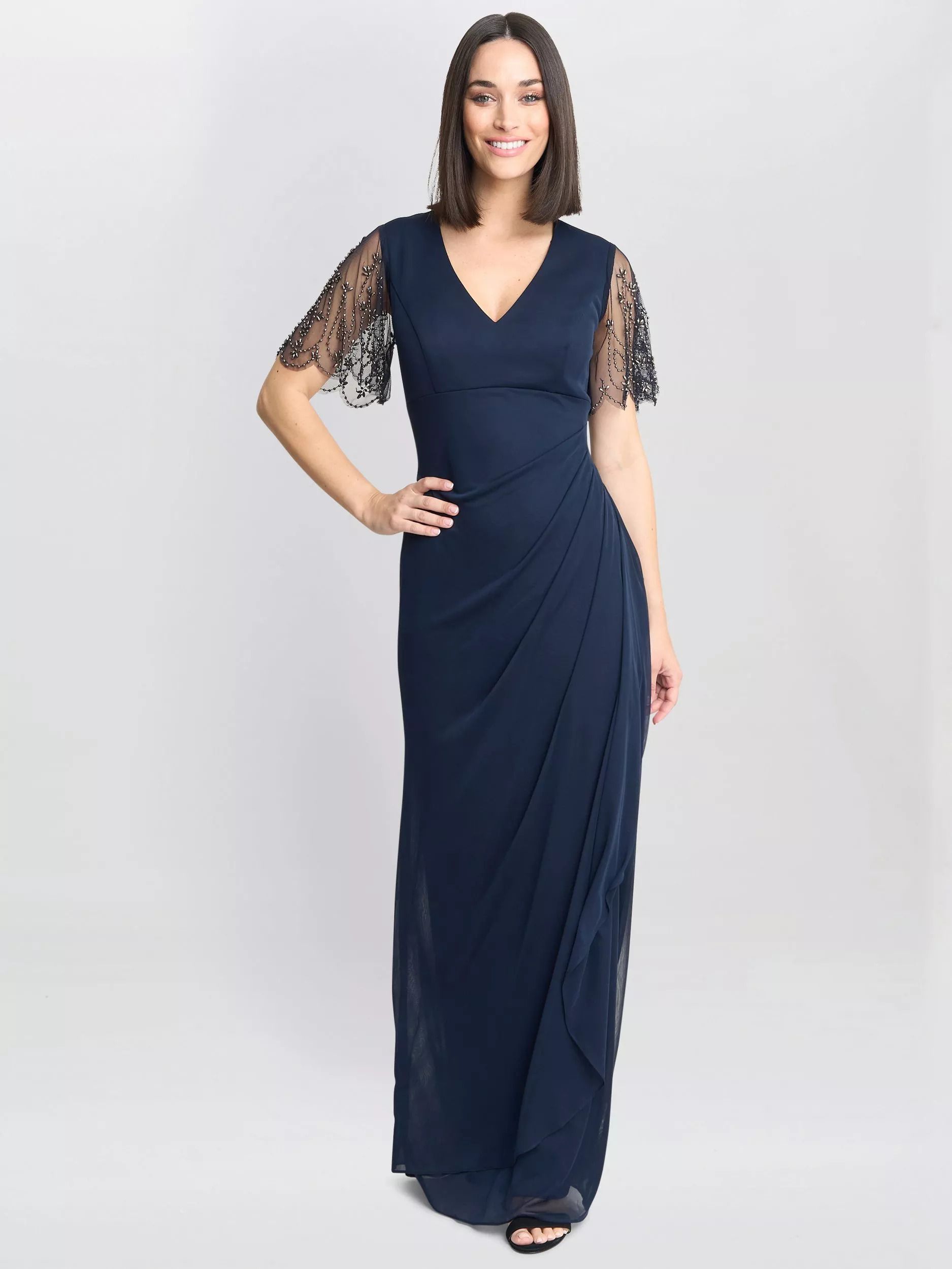 슬리브 드레스 네이비 Beaded Scallop Sleeve Dress, Navy 113081618