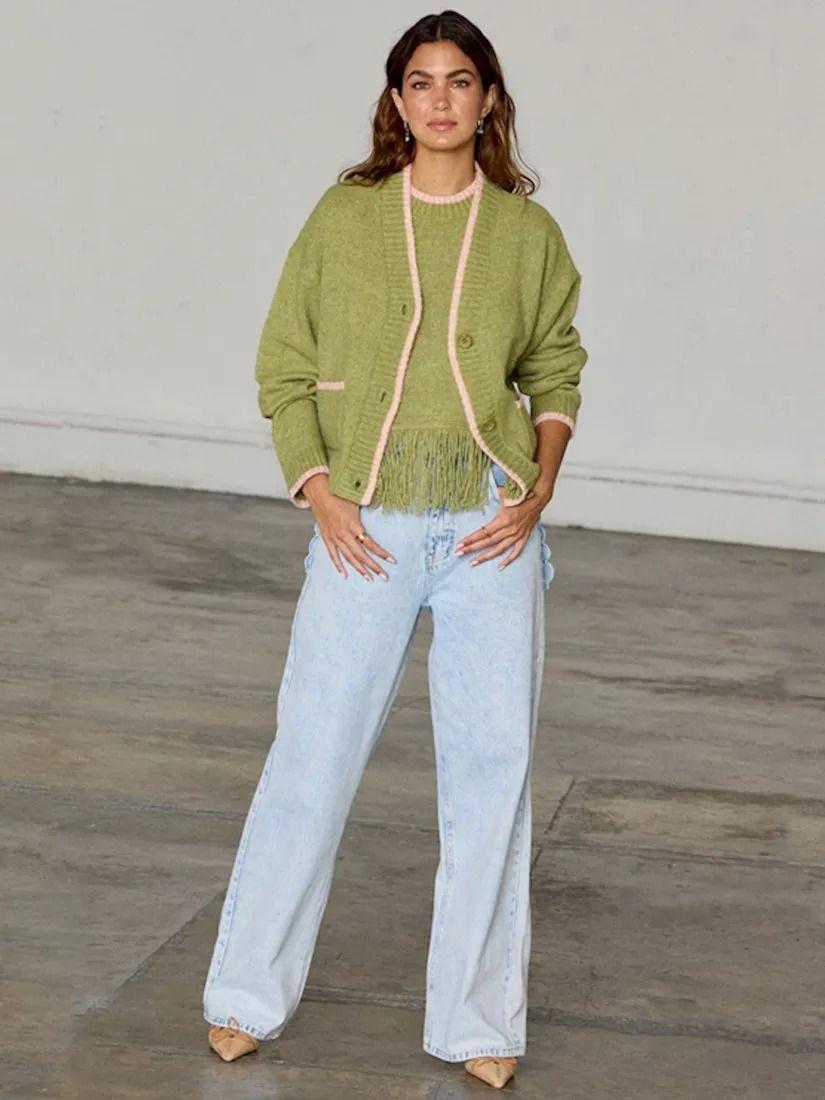 배색 가디건 올리브 그린 Callie Contrast Cardigan, Olive Green 113018380
