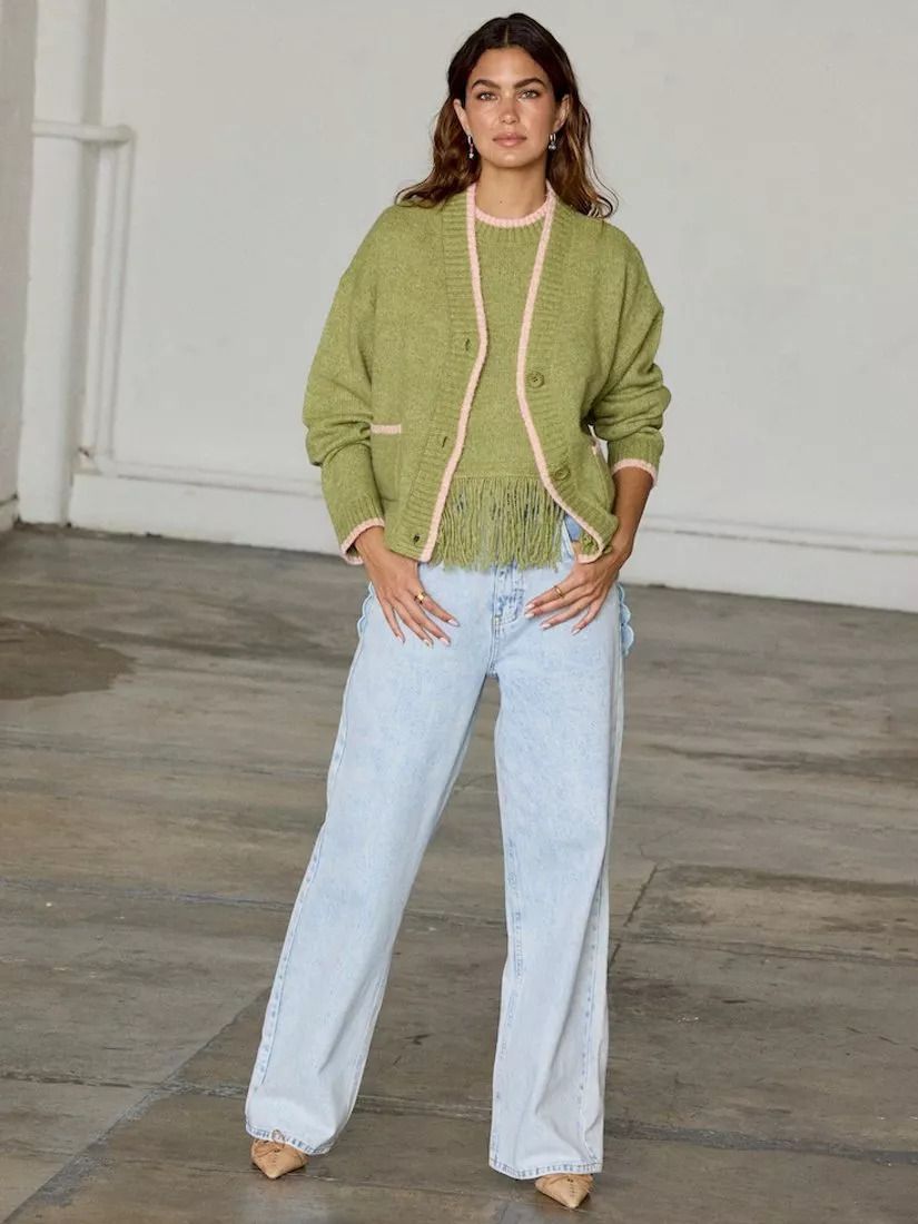 배색 가디건 올리브 그린 Callie Contrast Cardigan, Olive Green 113018380