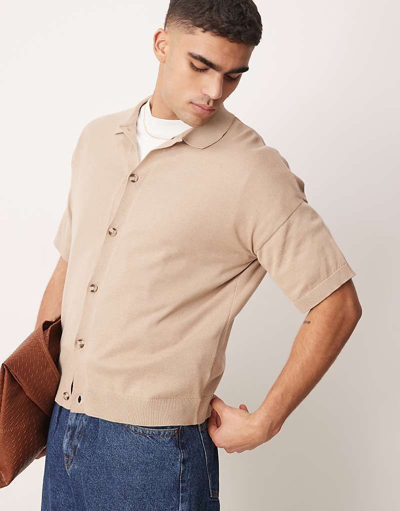 Polohemd aus leichtem Baumwollstrick in Steinbeige mit Knopfleiste 207328774STEIN