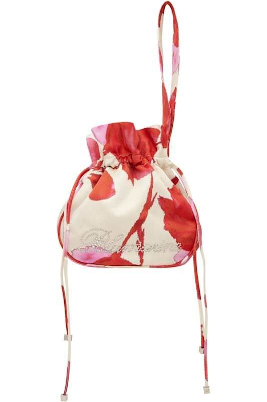 베이지 레드 프린팅 새틴 로고 파우치 Beige & Red Printed Satin Rhinestone Logo Pouch 17340871