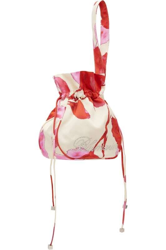 베이지 레드 프린팅 새틴 로고 파우치 Beige & Red Printed Satin Rhinestone Logo Pouch 17340871