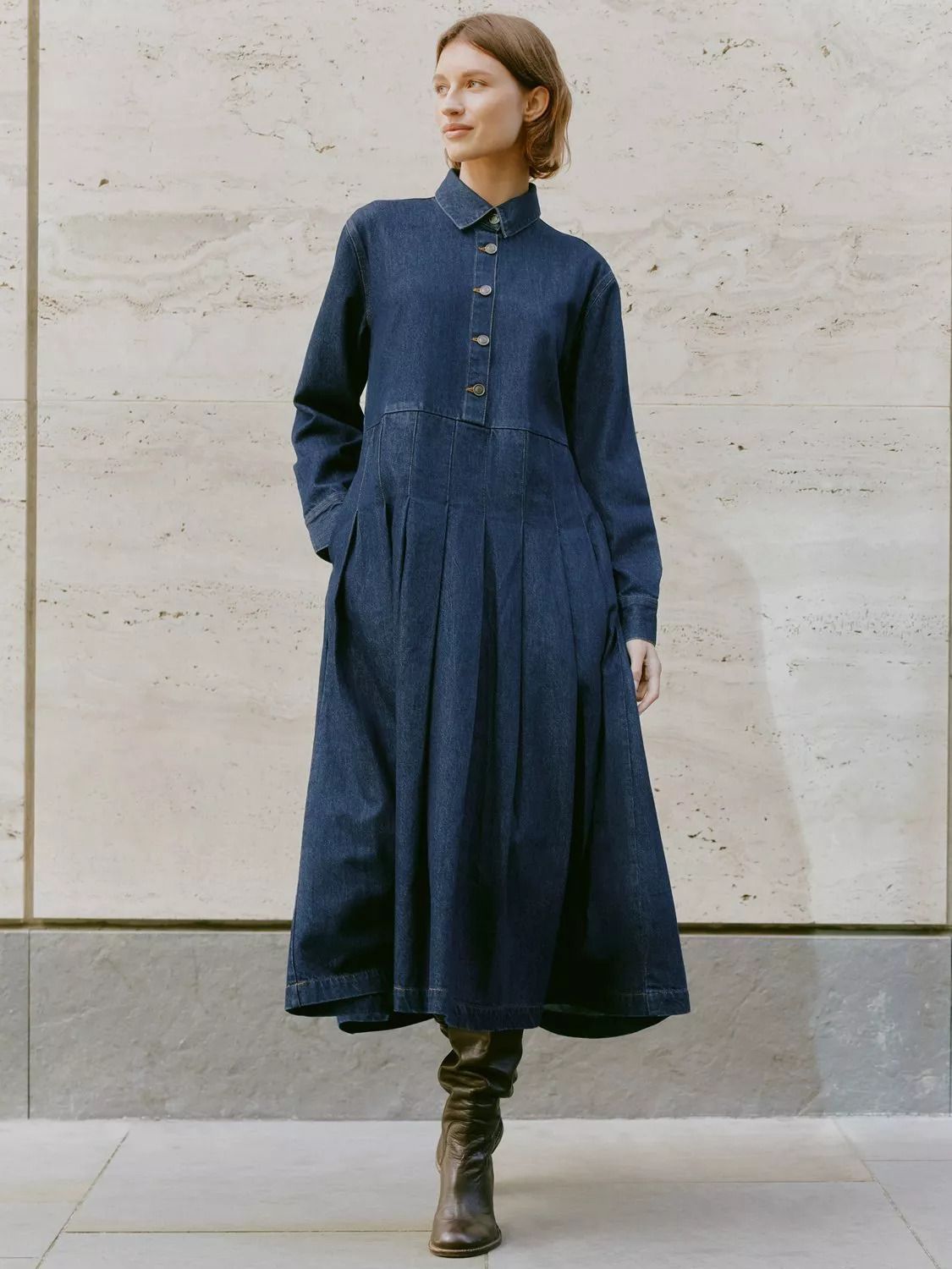 데님 플리츠 셔츠 드레스 블루 Denim Pleated Shirt Dress, Blue 112945814