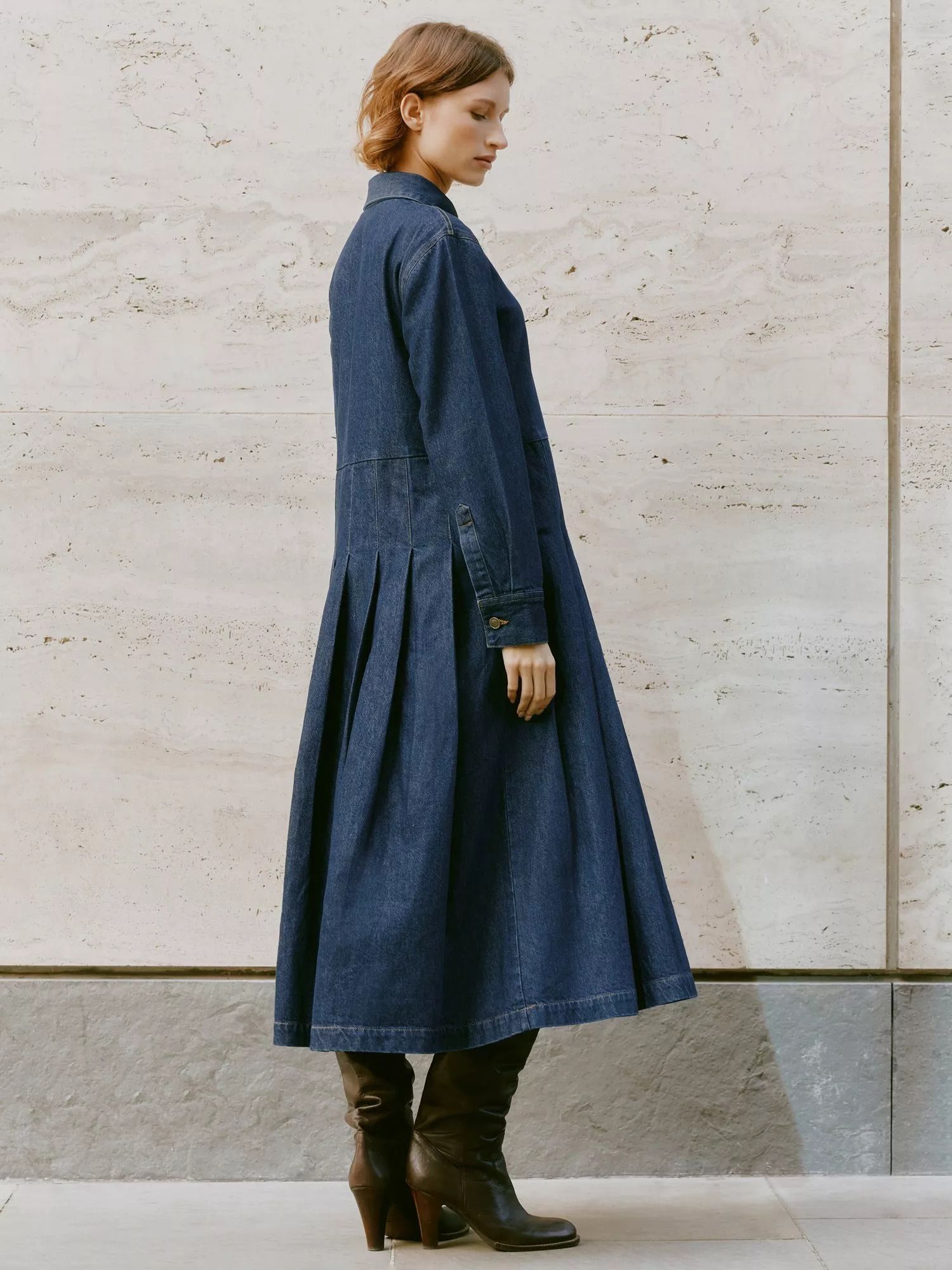 데님 플리츠 셔츠 드레스 블루 Denim Pleated Shirt Dress, Blue 112945814