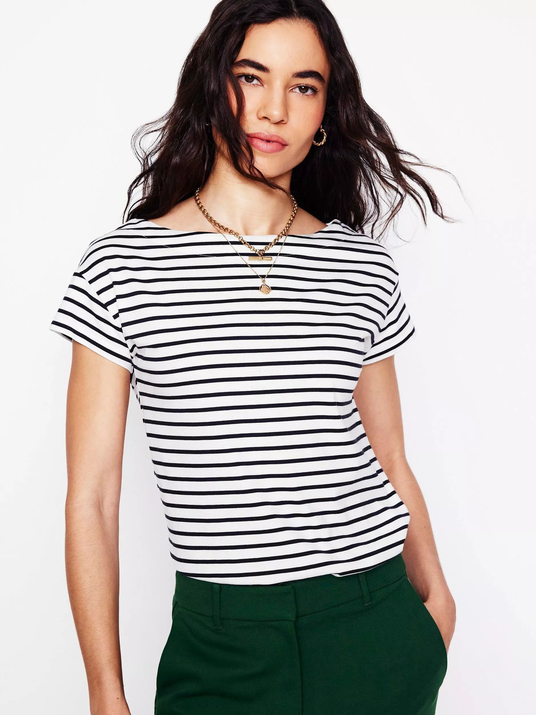 스트라이프 수퍼 소프트 보트 넥 티셔츠 Stripe Super Soft Boat Neck T-Shirt, Ivorynavy 113055558
