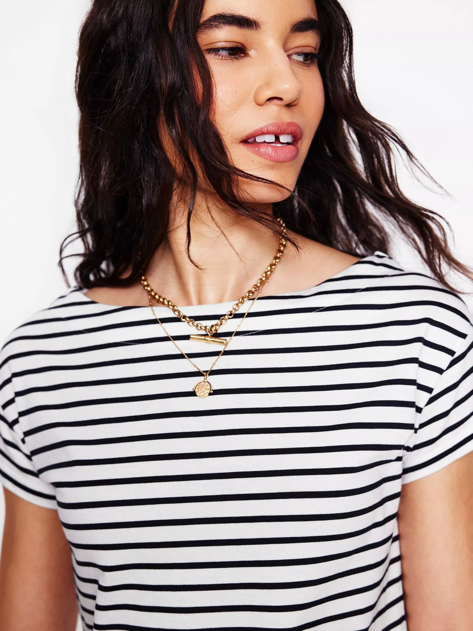 스트라이프 수퍼 소프트 보트 넥 티셔츠 Stripe Super Soft Boat Neck T-Shirt, Ivorynavy 113055558