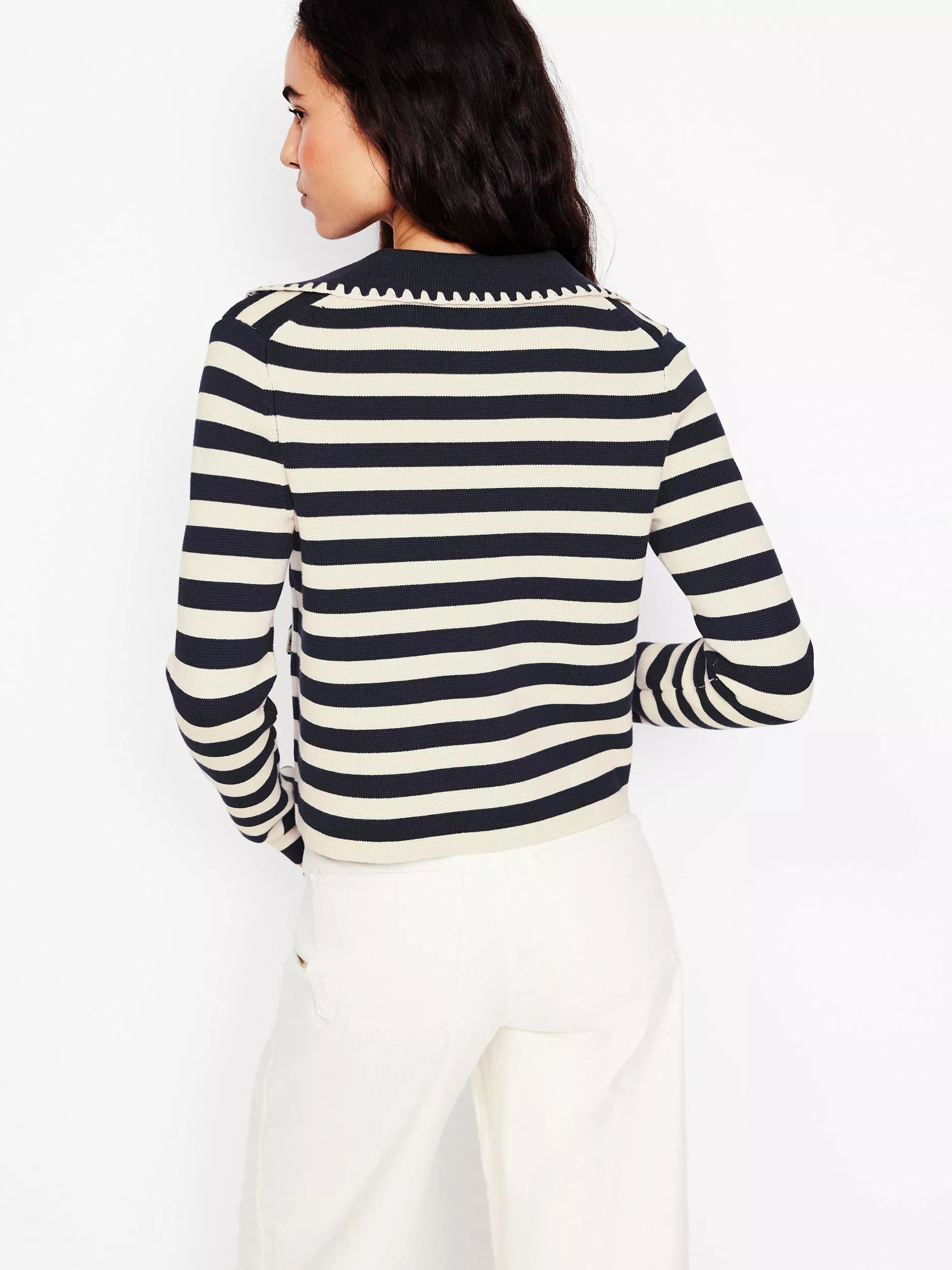 홀리 스트라이프 카라 니트 자켓 Holly Stripe Collared Knitted Jacket, Navy/Ivory 113055572