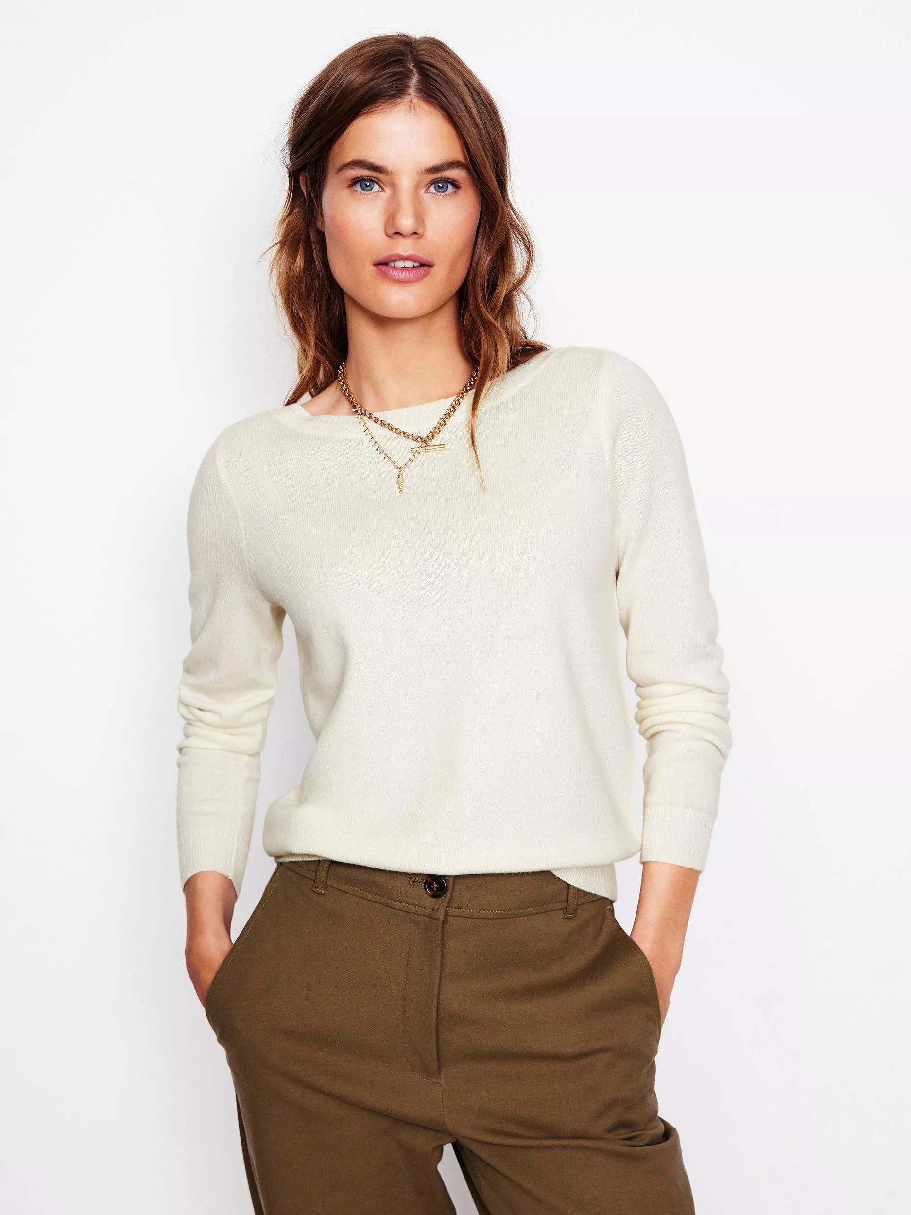캐시미어 보트 넥 점퍼 아이보리 Eva Pure Cashmere Boat Neck Jumper, Warm Ivory 113055563