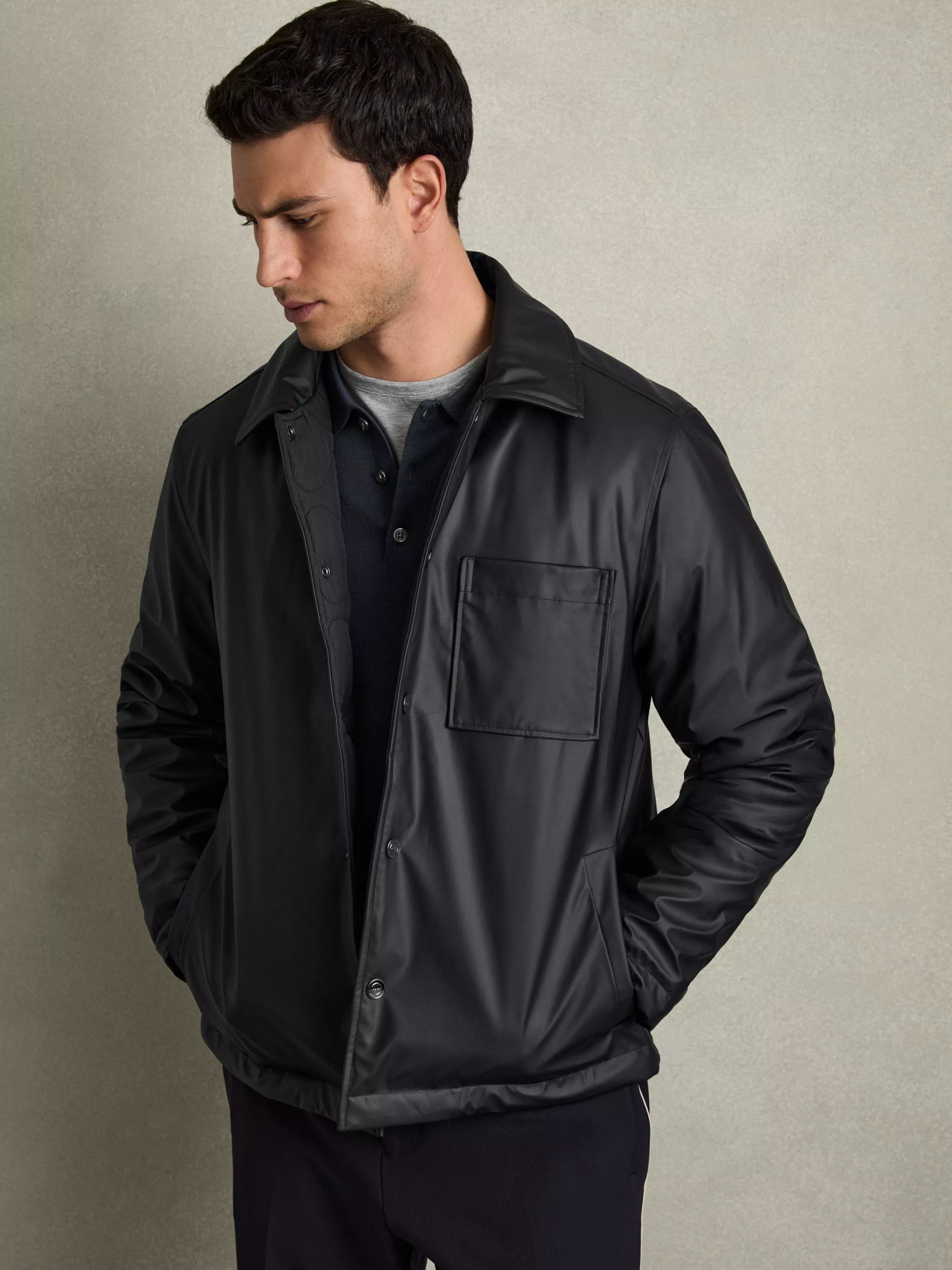 포우 가죽 셔츠 자켓 Hyde Faux Leather Shacket 113128965 Navy