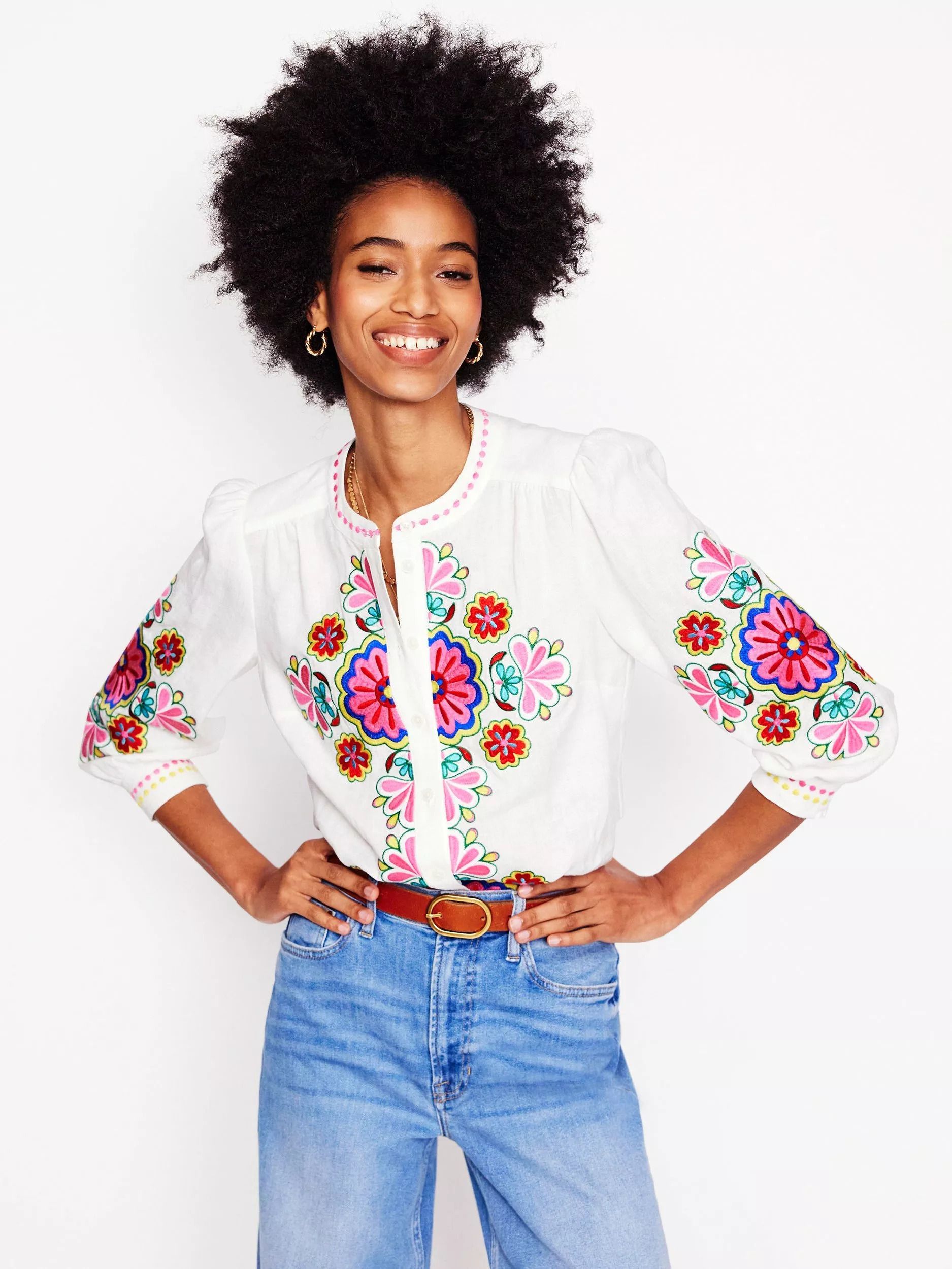 자수 린넨 탑 Alicia Embroidered Pure Linen Top, White/Multi 113055590