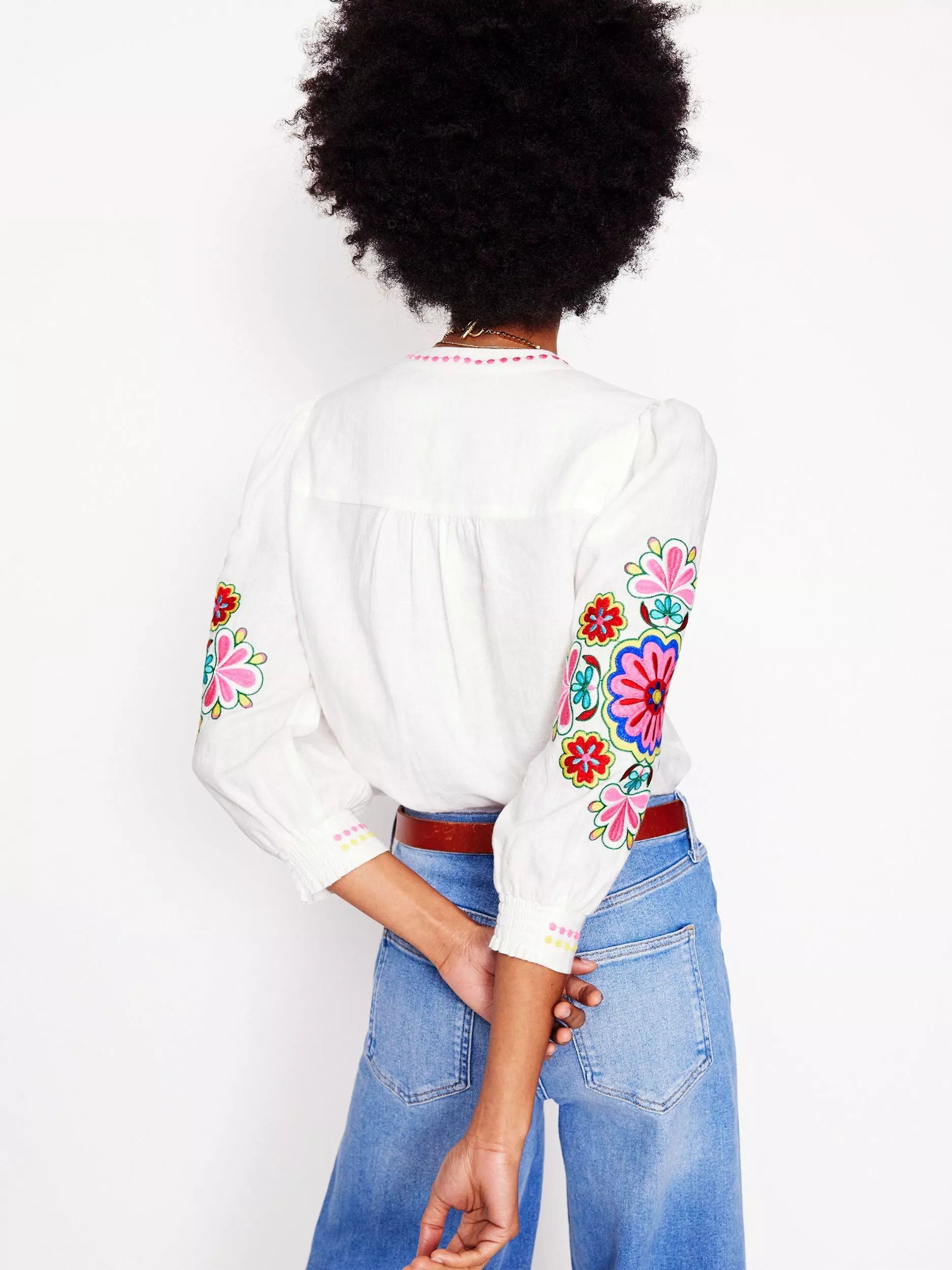 자수 린넨 탑 Alicia Embroidered Pure Linen Top, White/Multi 113055590