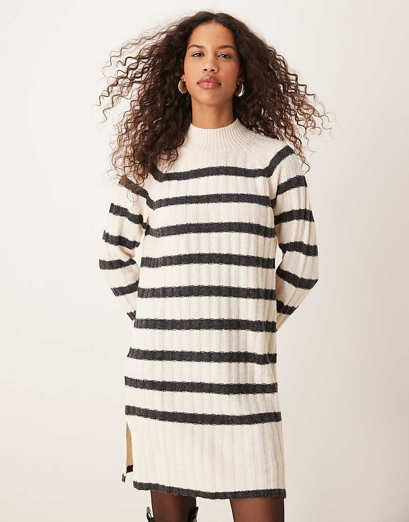 블랙 & 화이트 스트라이프 Hochgeschlossenes Strickkleid in Schwarz und Weiß gestreift 207546544WEISS