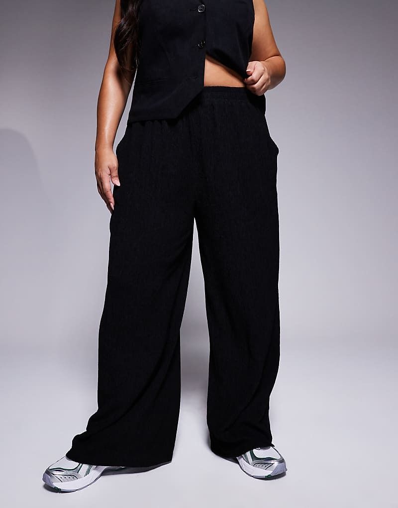 디자인 바지 블랙 ASOS DESIGN Curve   Strukturierte Hose in Schwarz mit weitem Bein 207782685Schwarz