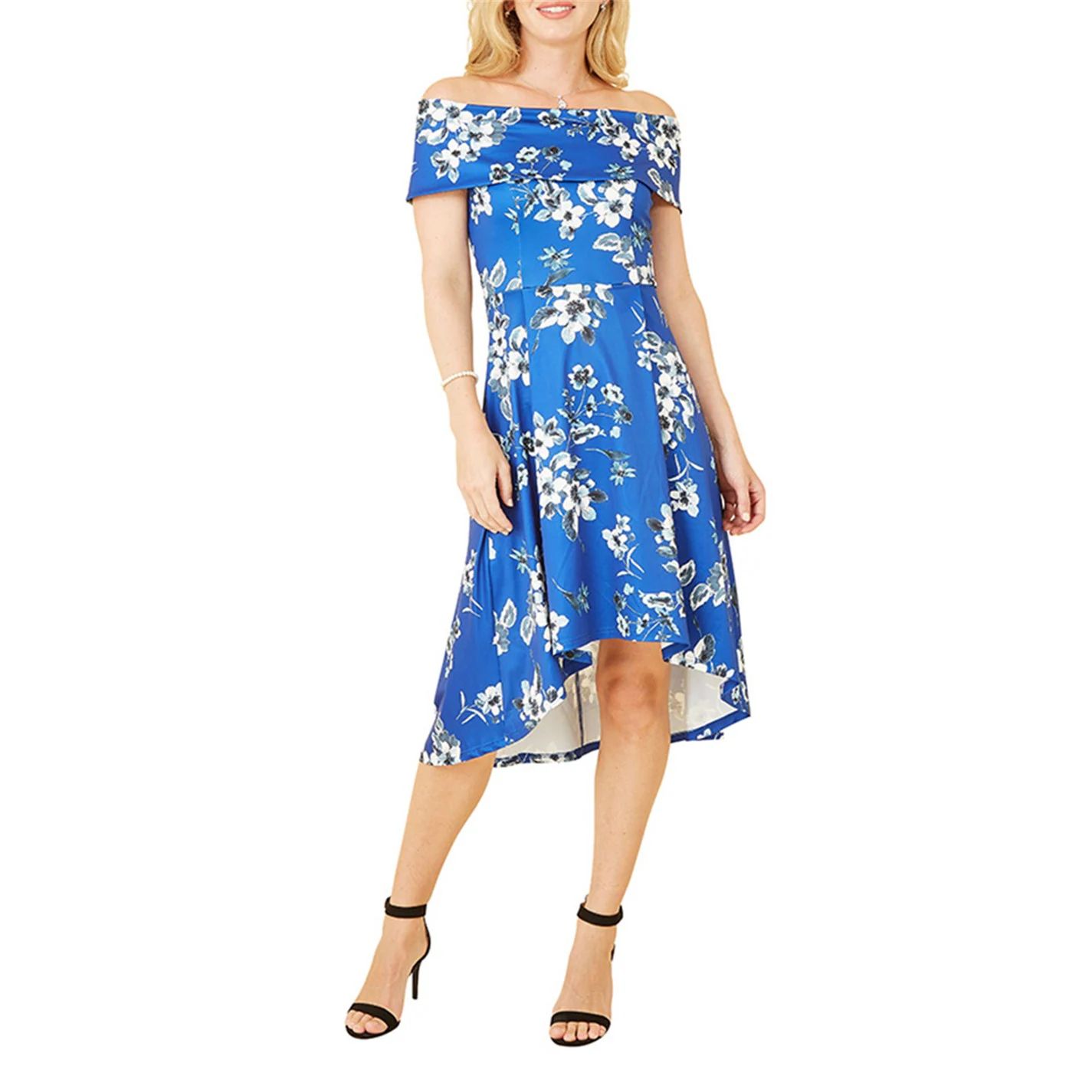 런던 블루 플로랄 드레스 Mela London Blue Floral Bardot Dipped Hem Dress Blue 32282018