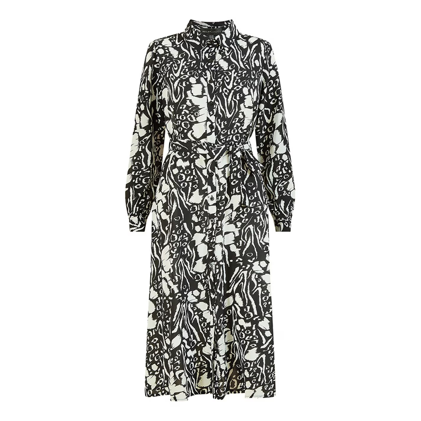 런던 블랙 프린트 미디 셔츠 드레스 Mela London Black Animal Print Midi Shirt Dress Black 32247203