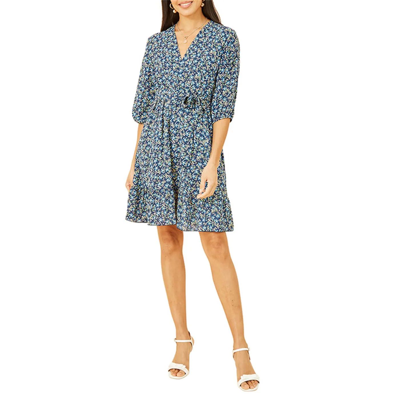 런던 블루 플로랄 랩 드레스 Mela London Blue Ditsy Floral Wrap Skater Dress Blue 32250518