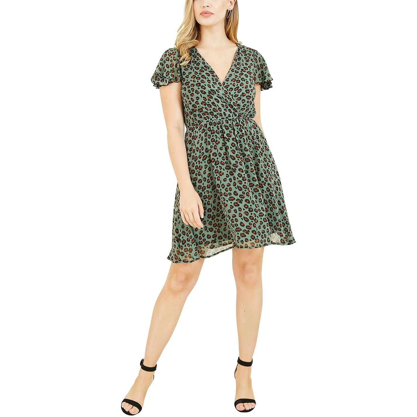 런던 그린 프린트 랩 드레스 Mela London Green Animal Print Wrap Skater Dress Green 32275815