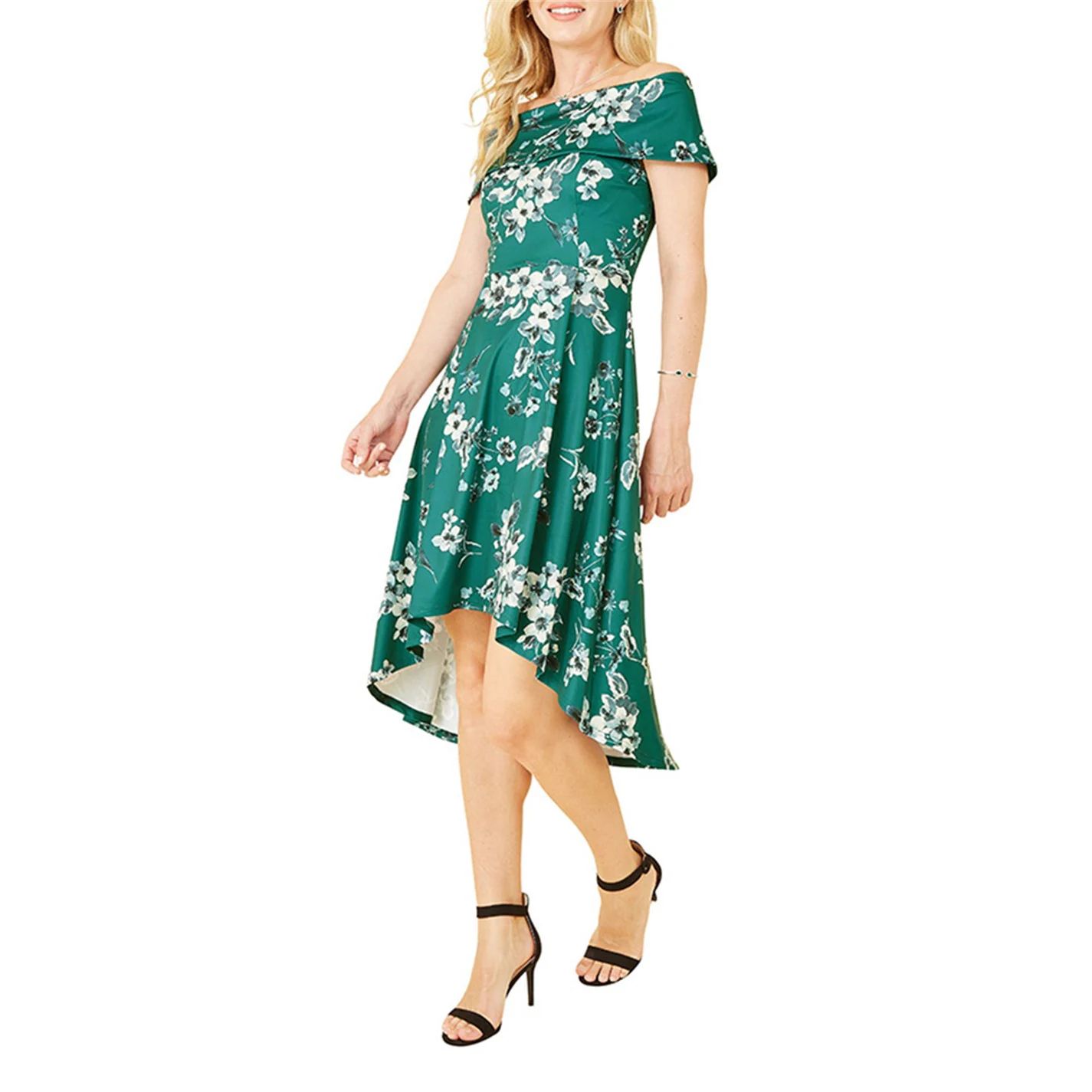 런던 그린 플로랄 드레스 Mela London Green Floral Bardot Dipped Hem Dress Green 32282115