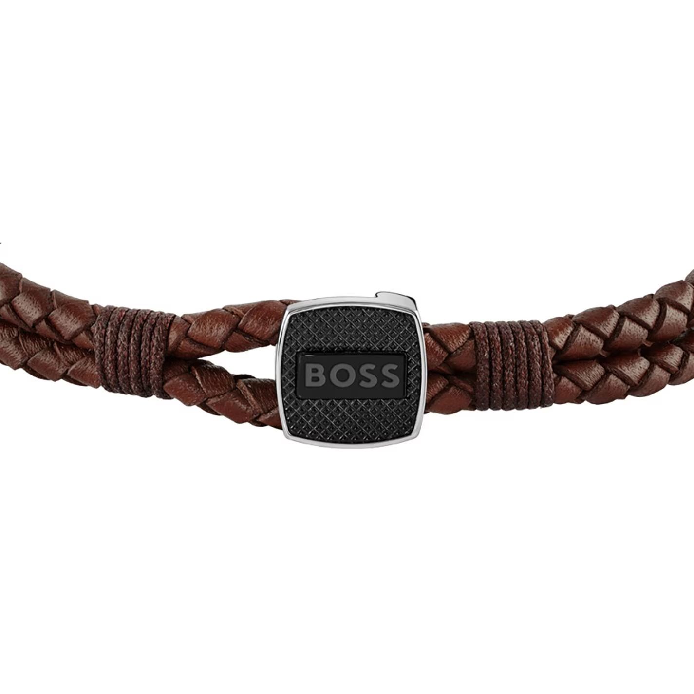 보스 브레이디드 가죽 팔찌 브라운 Gents BOSS Seal Braided Leather Bracelet Brown 88656440