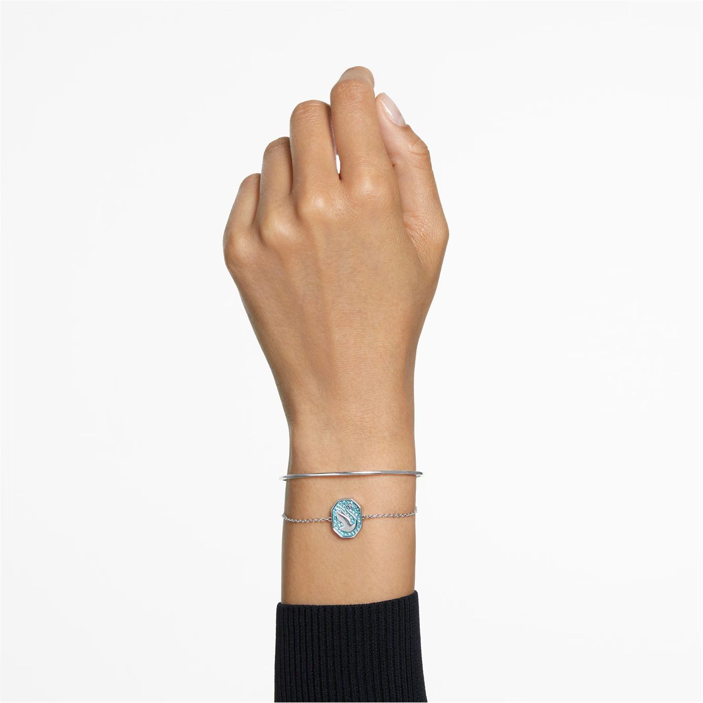 뱅글 블루 로듐 플레이트 Swan bangle, Swan, Blue, Rhodium plated Aquamarine 85812118