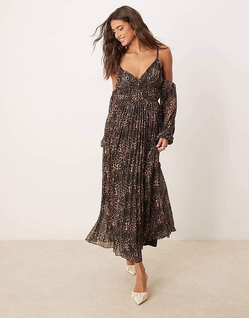 & Plissiertes Bardot-Midaxikleid mit Tierfellprint und tiefem Ausschnitt 206348746Animal