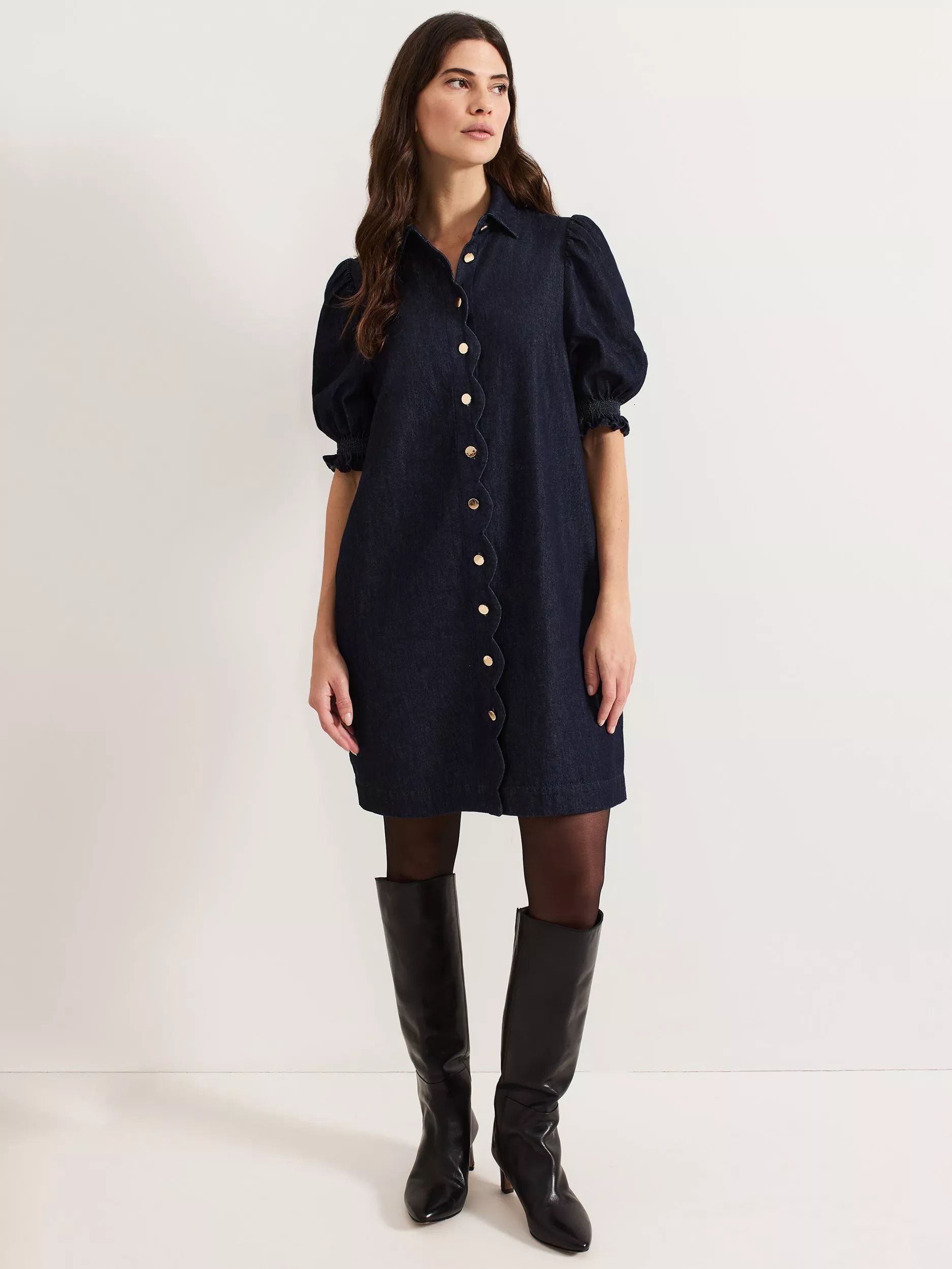 데님 드레스 다크 블루 Candice Denim Scallop Dress, Dark Blue 112881017