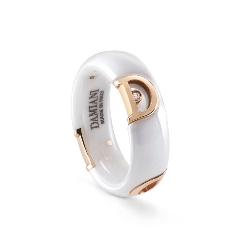 다미아니(Damiani) | 디아이콘 핑크 골드 다이아몬드 세팅 화이트 세라믹 반지. 7 mm. 20087249 | 트렌비