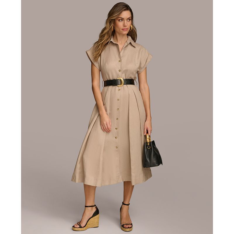 여성 반팔 미디 벨트 드레스 Women's Button-Front Short-Sleeve Midi Belted Dress 17790277 Fawn Linen