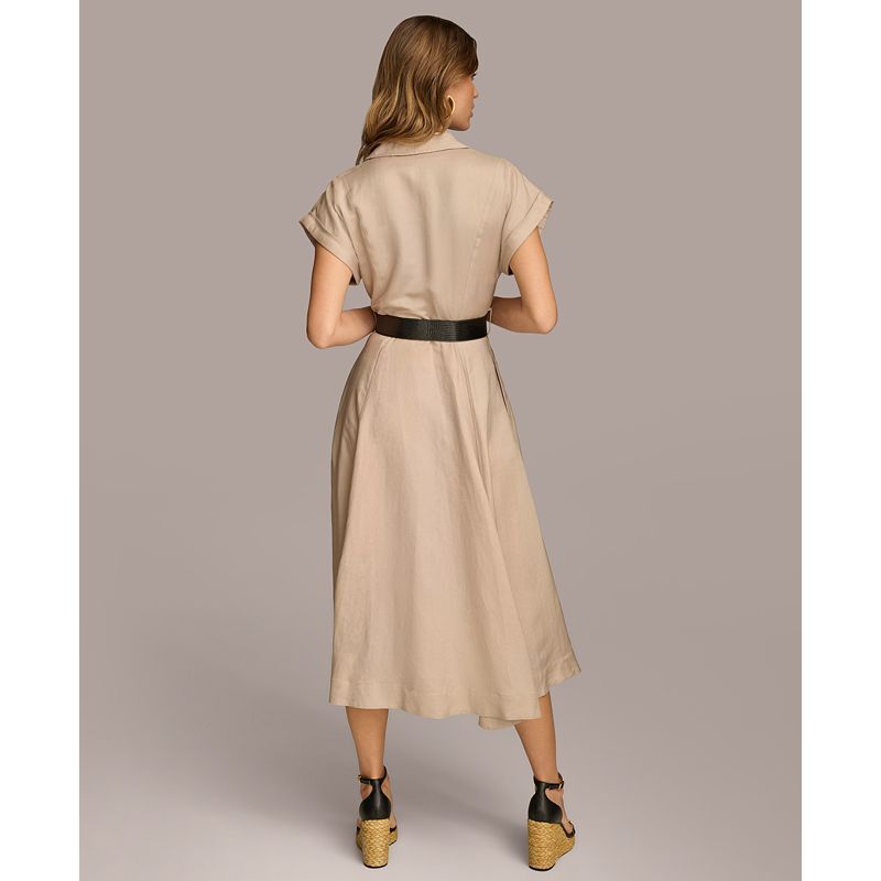 여성 반팔 미디 벨트 드레스 Women's Button-Front Short-Sleeve Midi Belted Dress 17790277 Fawn Linen