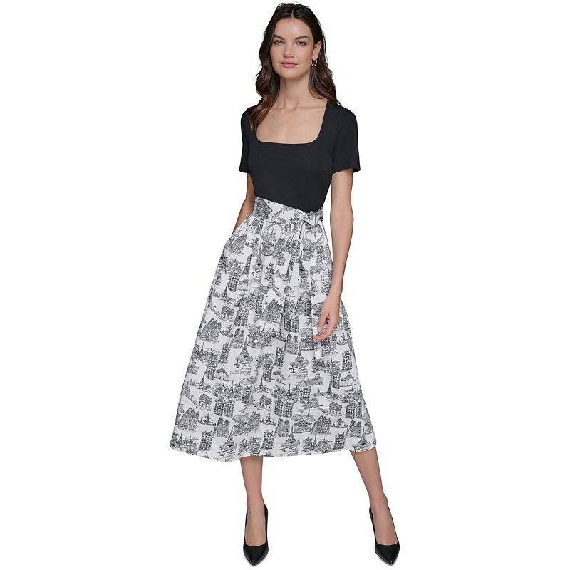 여성 반팔 미디 드레스 Women's Mixed-Media Short-Sleeve Midi Dress 20613660 Blk/sft White Combo