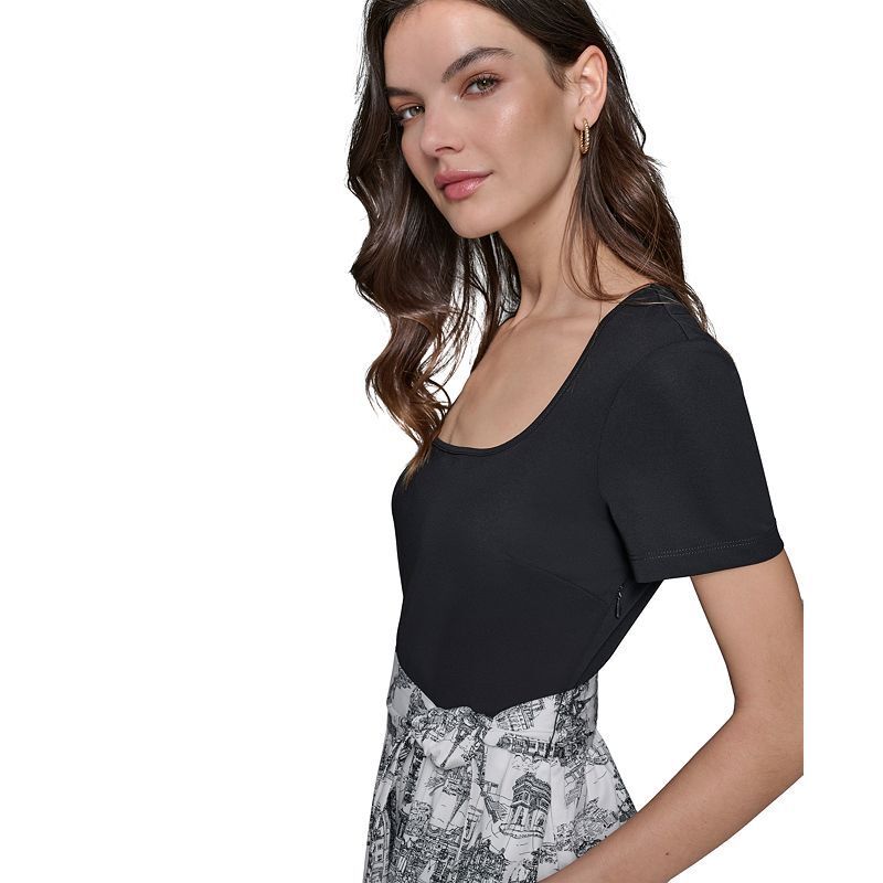 여성 반팔 미디 드레스 Women's Mixed-Media Short-Sleeve Midi Dress 20613660 Blk/sft White Combo