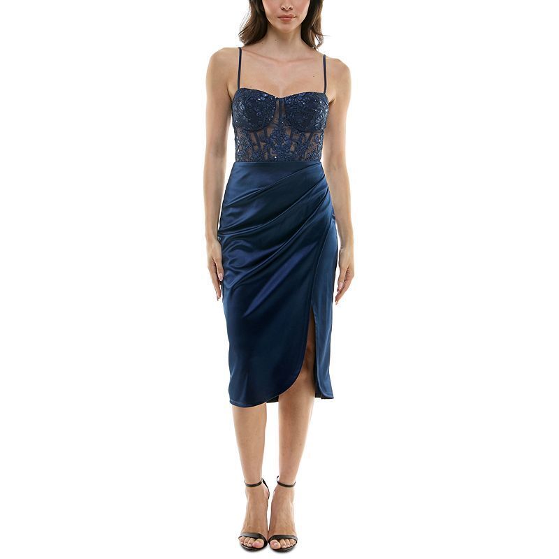 시퀸 레이스 코르셋 미디 드레스 Juniors' Sequined Lace Corset Midi Dress 19620822 Dark Navy