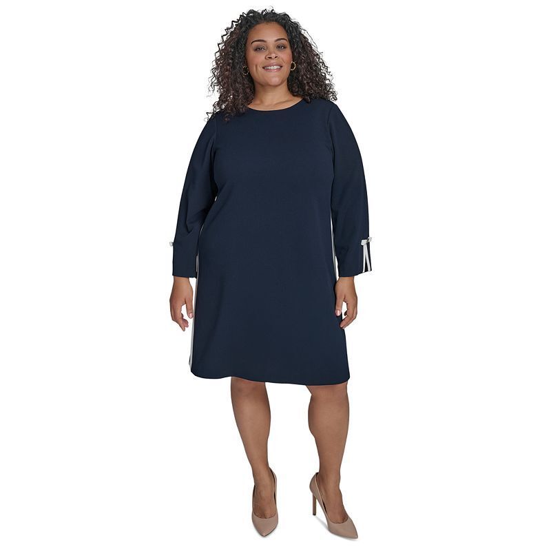 시프트 드레스 Plus Size Colorblock Bow-Cuff Shift Dress 20398407 Sky Captain/Ivory