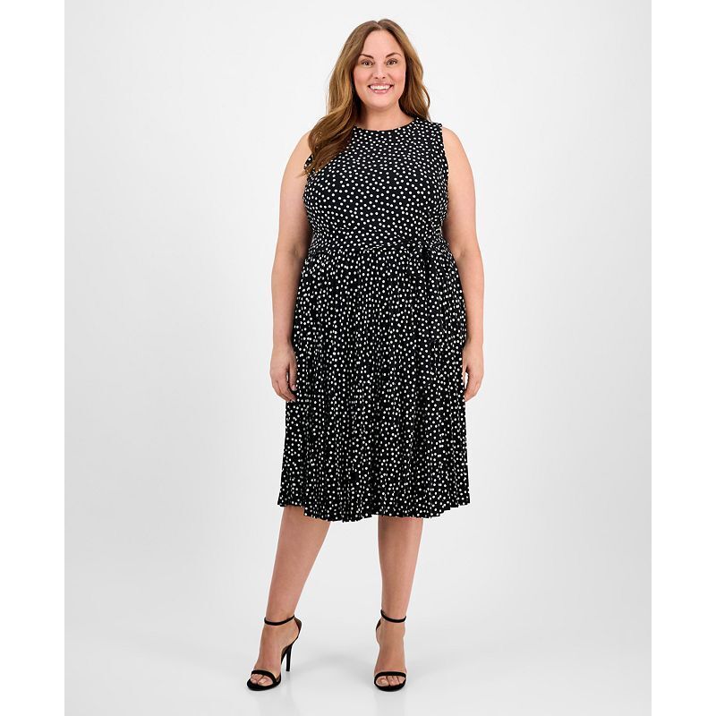 플리츠 미디 드레스 Plus Size Dot-Print Pleated Midi Dress 20068924 Anne Black/White Dove