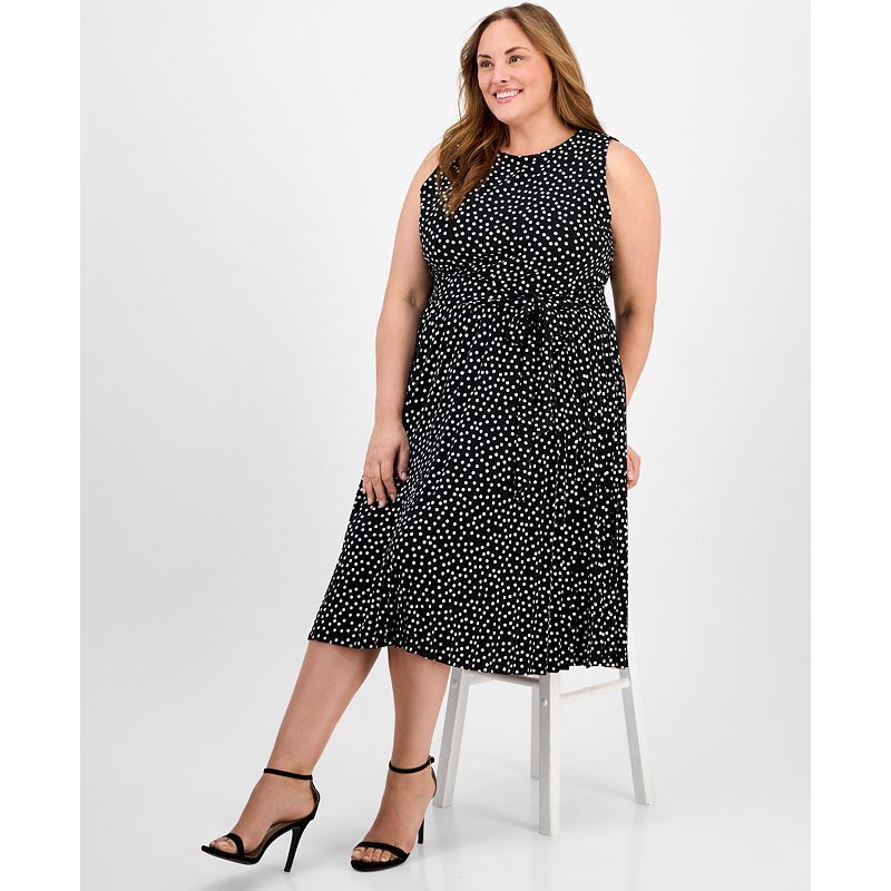 플리츠 미디 드레스 Plus Size Dot-Print Pleated Midi Dress 20068924 Anne Black/White Dove