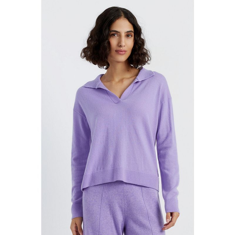 여성 울 캐시미어 블렌드 v 넥 카라 스웨터 Women's Wool Cashmere Blend V Neck Collared Sweater 21268889 Lilac melange