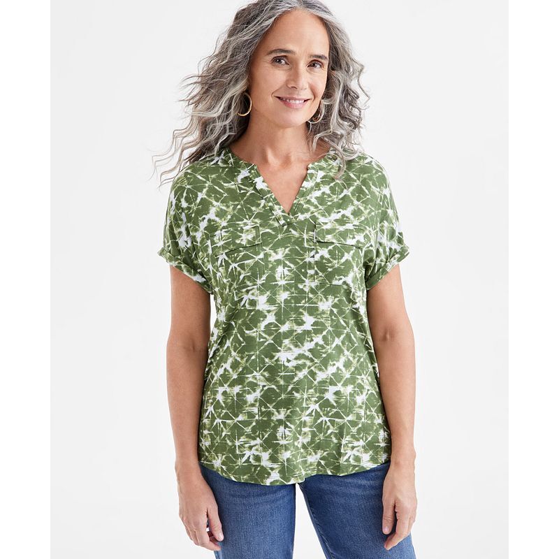 여성 프린팅 반팔 탑 Women's Printed Split-Neck Short-Sleeve Top, Exclusively at Macy's 18955728 Dye Green