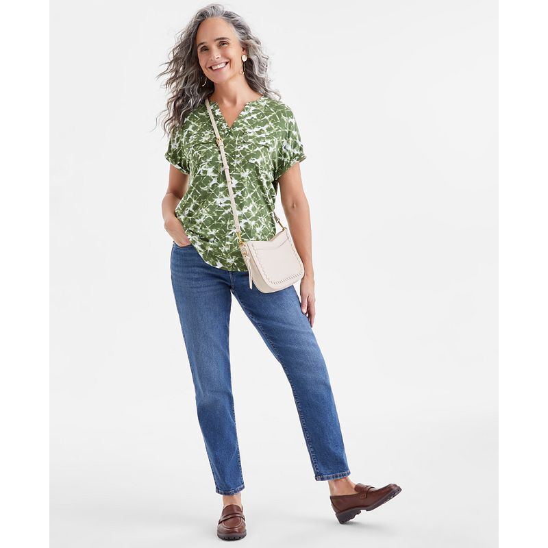 여성 프린팅 반팔 탑 Women's Printed Split-Neck Short-Sleeve Top, Exclusively at Macy's 18955728 Dye Green