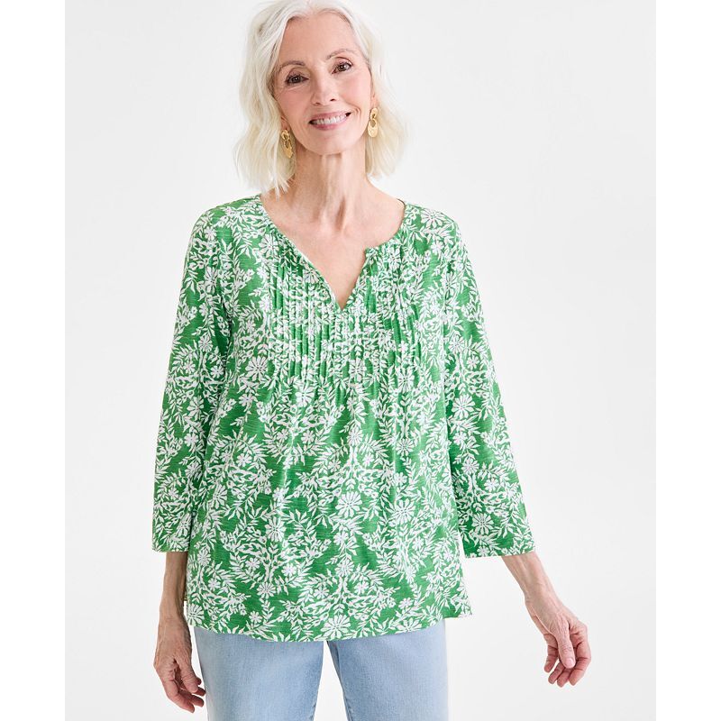 여성 프린팅 탑 Women's Printed Pintuck Split-Neck Top, Exclusively at Macy's 19805779 Floral Green