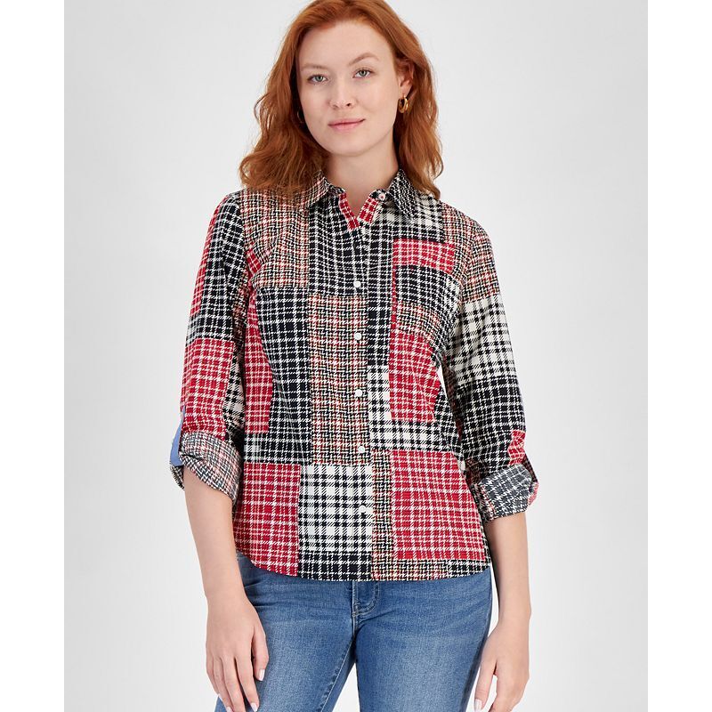여성 셔츠 Women's Crescent Pond Plaid Roll-Tab Shirt 18936868 Black Multi