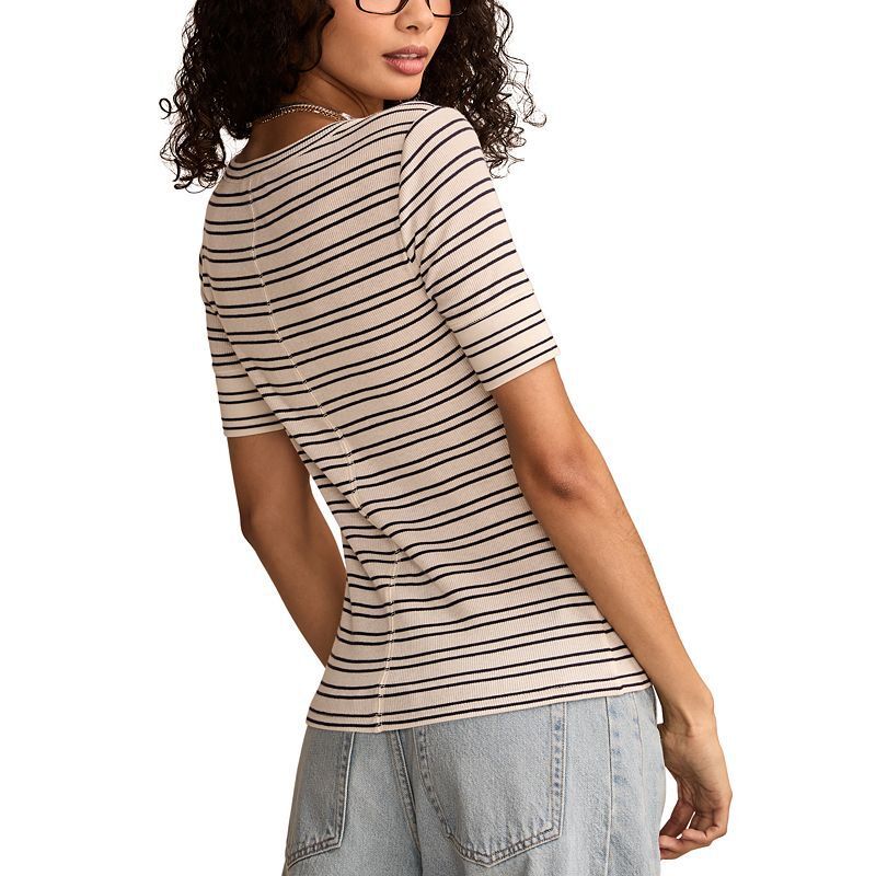 여성 헨리 티셔츠 Women's Ribbed Henley T-Shirt 20649130 Cream Stripe